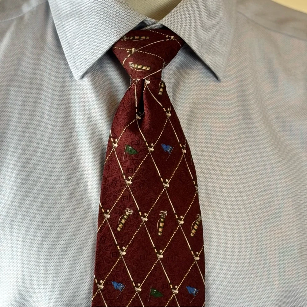 Nautica Men’s Necktie 100% Silk Burgundy Tie with Golf Motif